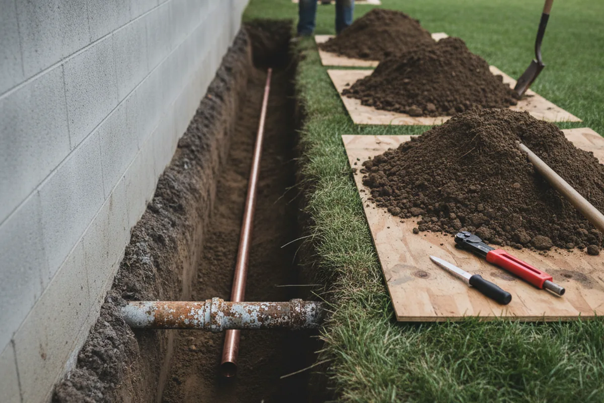 Excavated water line trench during Sewer Line Repair in Ellsworth